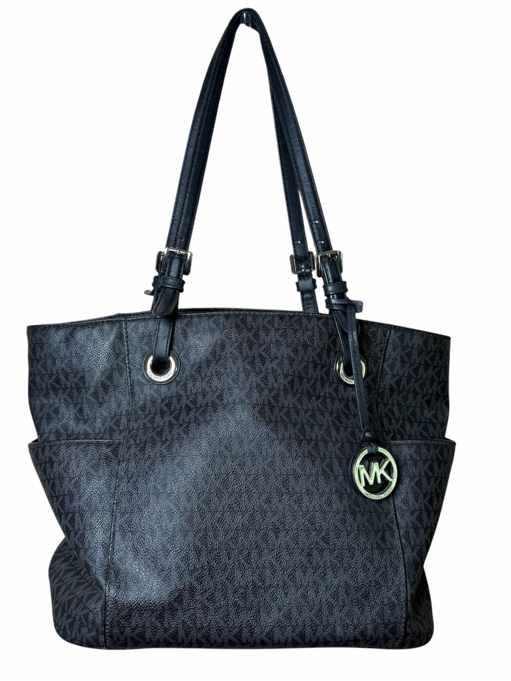 Michael Kors Jet Set EW Signature Tote Bag Black & Grey MK Logo Shoulder Purse